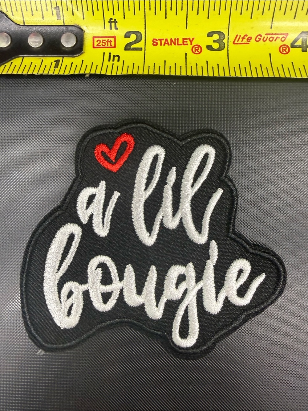 Black Embroidered 'a lil bougie' Wall Patch with Red Heart